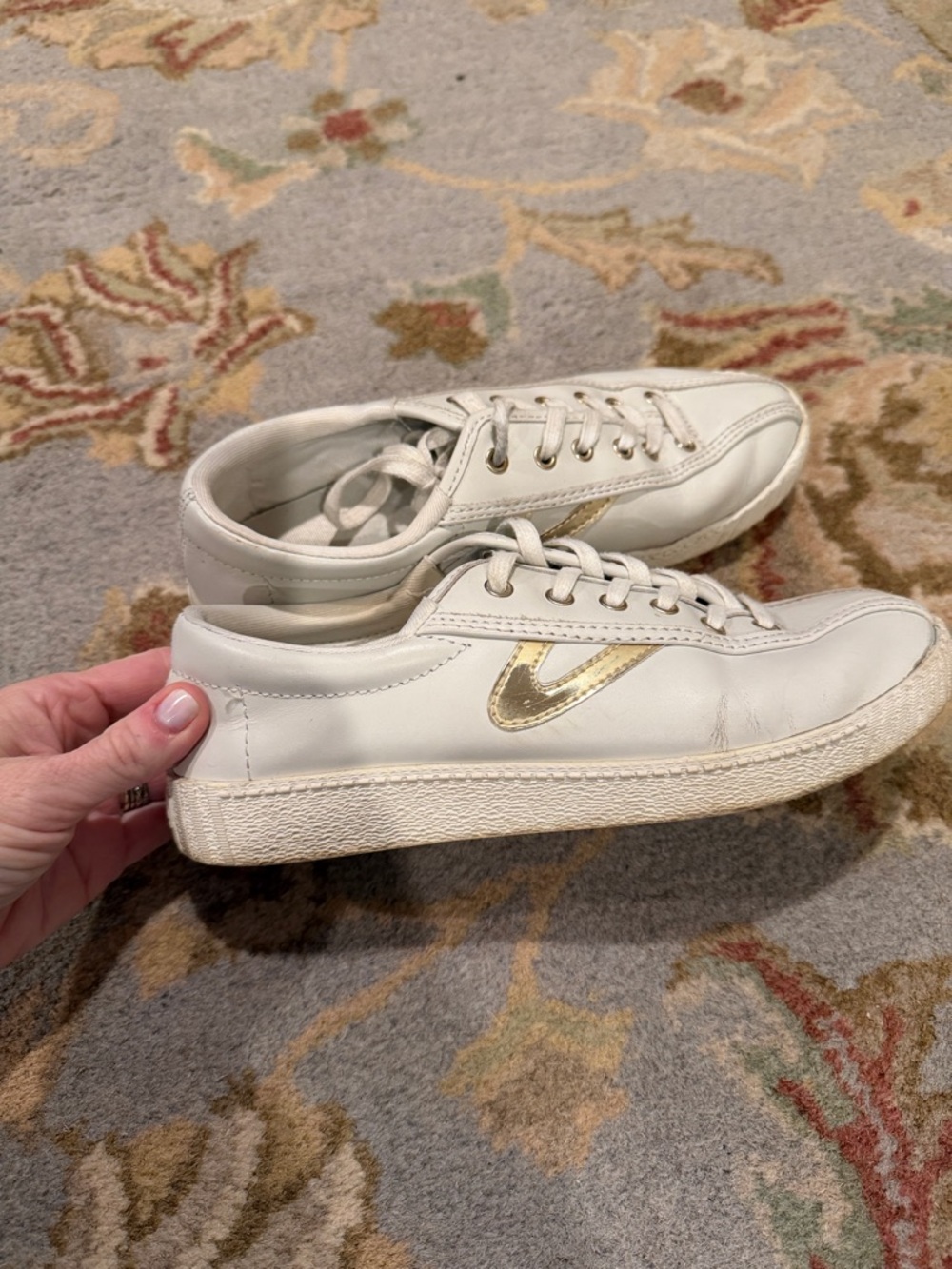 Women's White Leather Sneakers with Gold Accent